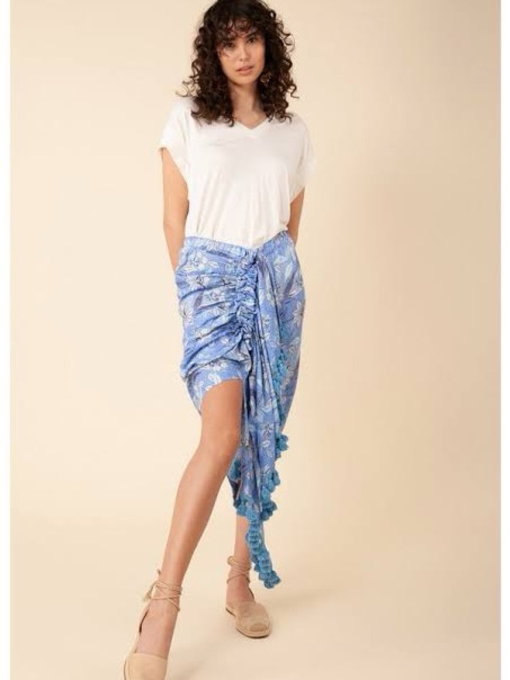 Hale Bob Blue Floral Ruched Asymmetrical Skirt